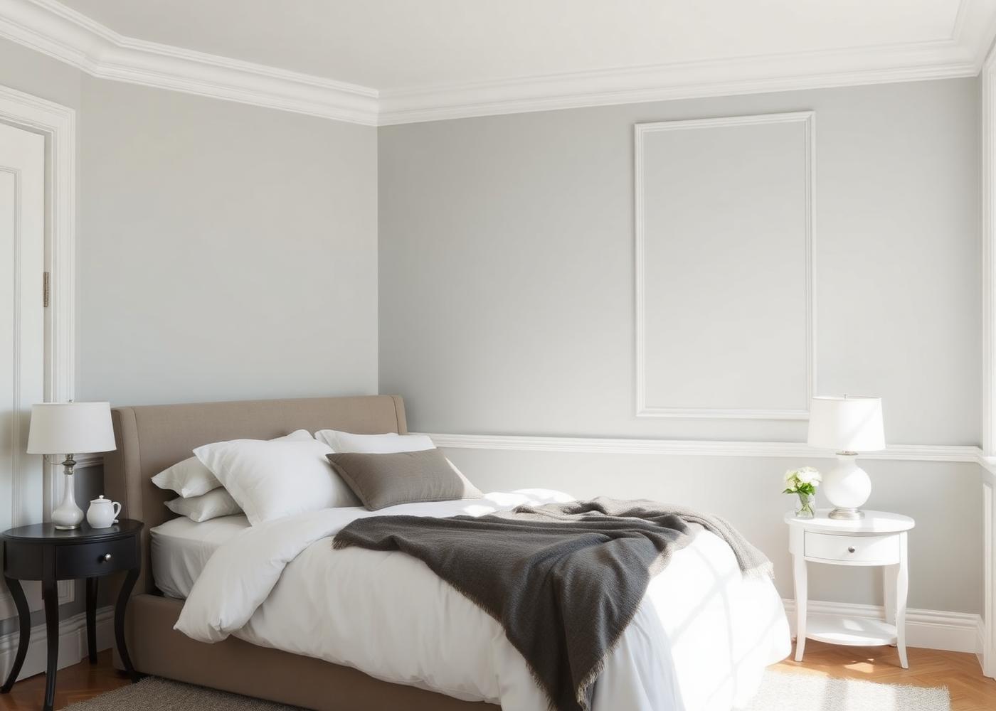 Freshly painted bedroom with grey walls and white trims